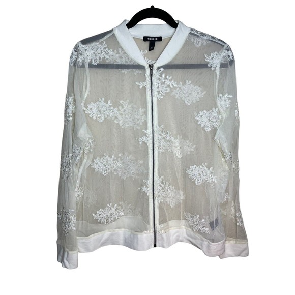 Torrid Size 0‎ Large Ivory Lace Mesh Embroidered Bomber Jacket Long Sleeve Zip - Picture 3 of 12